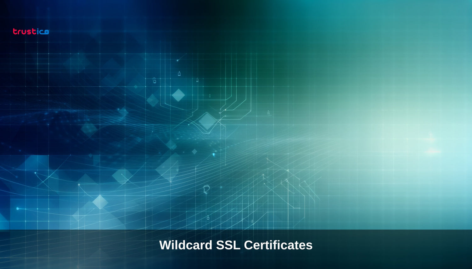 A digital abstract background in blue and green tones with grid lines and tech patterns. The text Wildcard SSL Certificates appears at the bottom, and the trustico logo is in the top left corner.