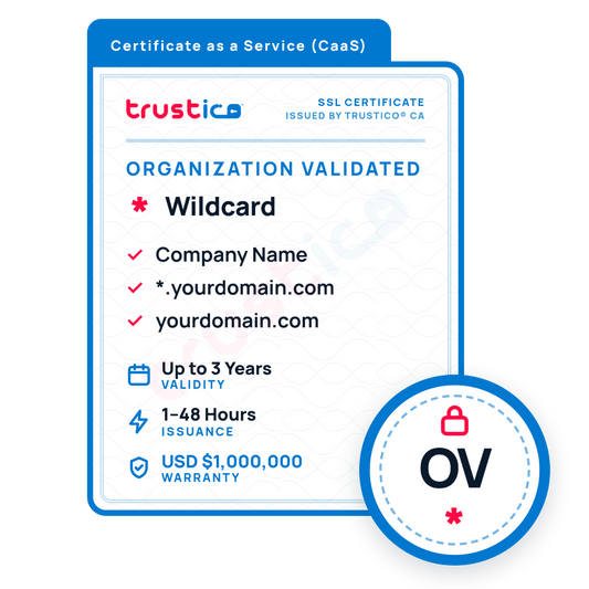 A feature card for the Trustico® CaaS OV + Wildcard SSL certificate, detailing domain coverage, three-year validity, issuance time, and warranty amount.