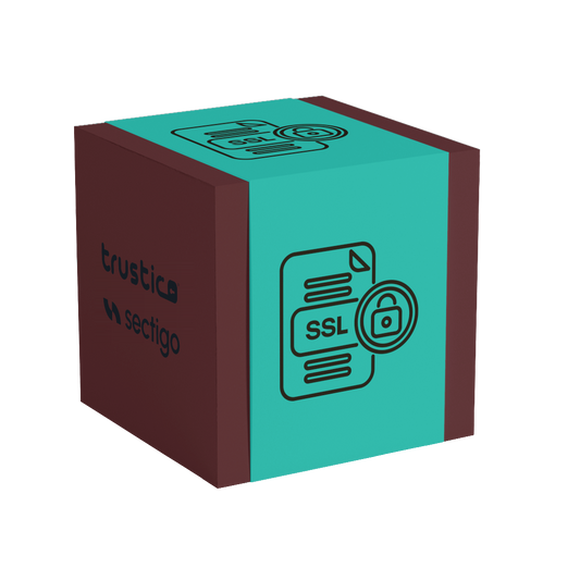 A teal and brown cube with an SSL certificate icon on one side and the Trustico® and Sectigo® CA logos on another side, representing digital security with Sectigo® CaaS DV + Multi Domain solutions and ACME protocol automation.