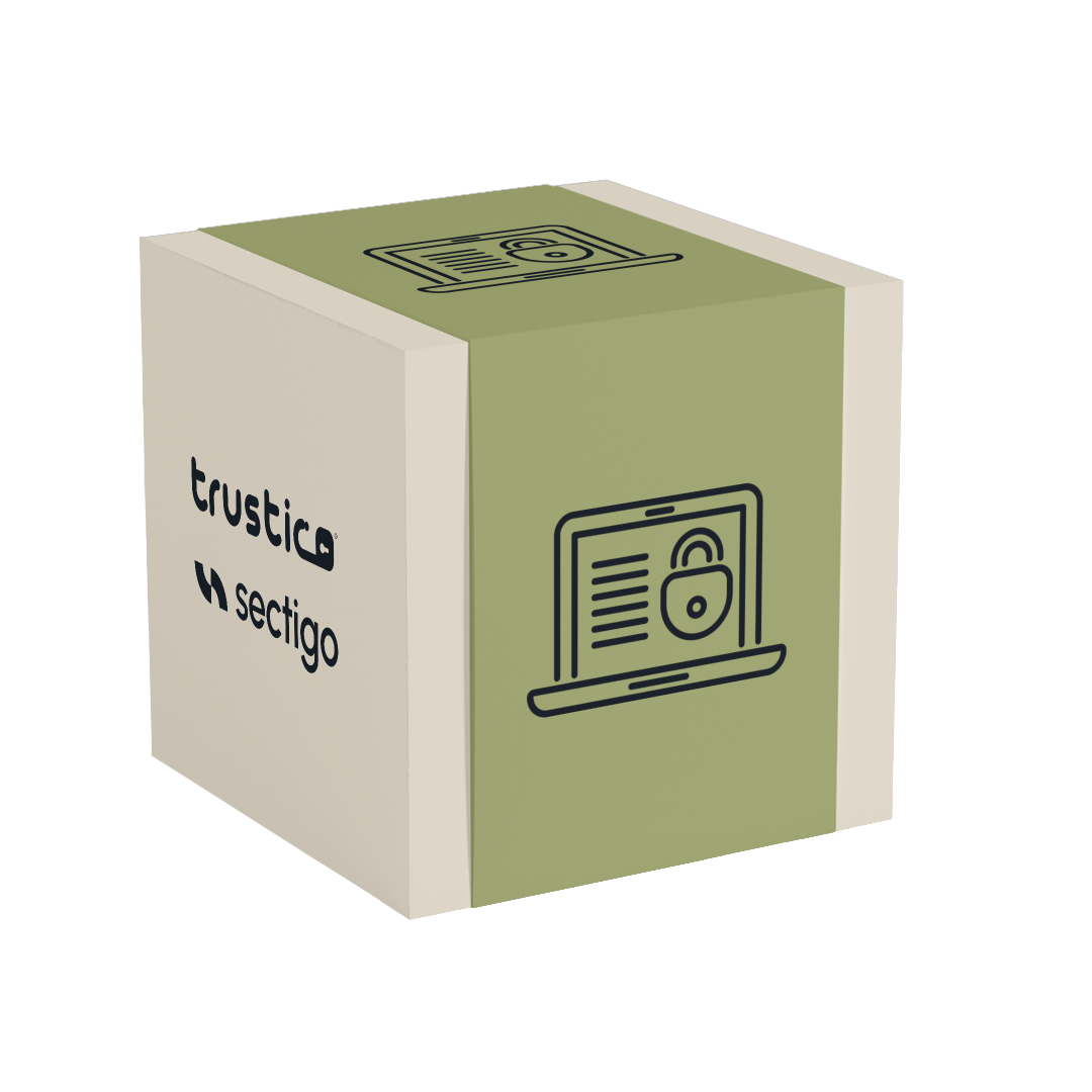 A 3D cube featuring the Trustico® and Sectigo® CA logos on one side, and a line drawing of a laptop with a padlock on the screen on another, symbolizing cybersecurity or secure online activity - perfectly representing the protection offered by Sectigo® DV Single Site from Sectigo® CA for single site SSL and domain validation SSL security needs.