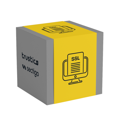 A gray and yellow cube featuring the Trustico® and Sectigo® CA logos, with an icon of a computer monitor displaying a document labeled SSL on one side - perfectly representing the Sectigo® DV + Multi Domain solution for securing multiple websites with simple Domain Validation.